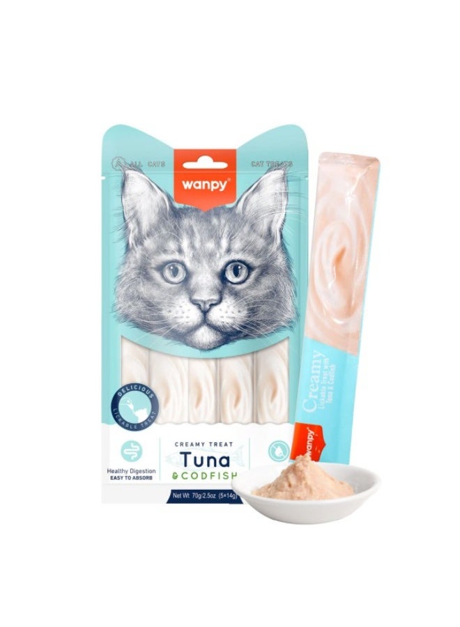 Creamy Lickable Cat Treats  – Tuna & Codfish Flavor – 5 Sticks per Pack – Healthy Digestion & Easy to Absorb ✨